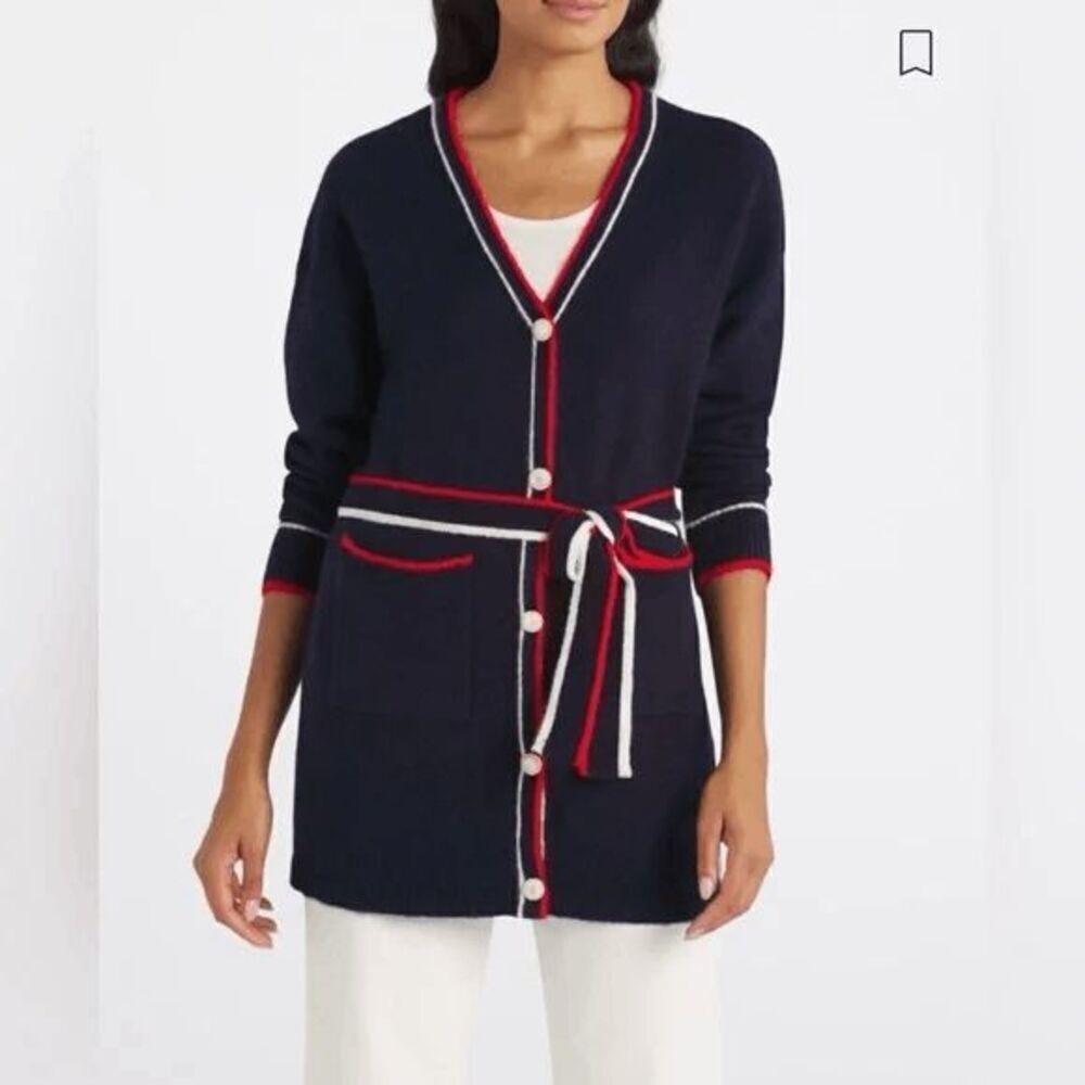 Vigoss NWT women's romo wrap button front long line navy red white cardigan Size